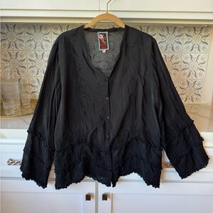 Johnny Was black button down blouse with scallop bottom